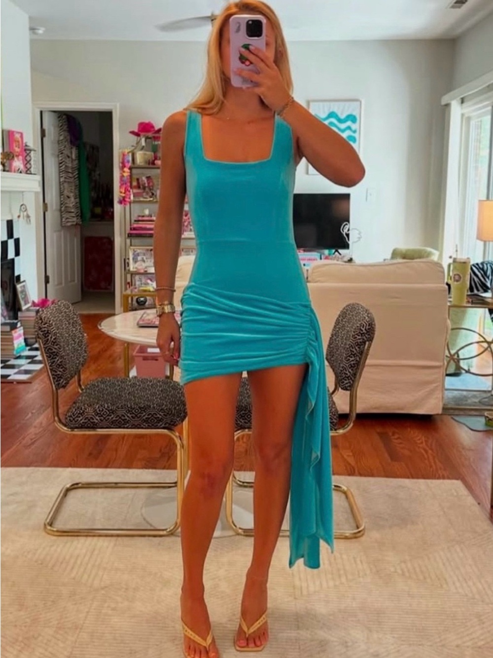 Turquoise Velvet Square-Neck Ruched Mini Cocktail Dress